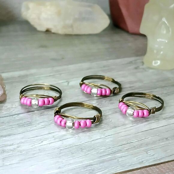 Dainty Pink Beaded Stackable Ring, Wire Wrapped, Bronze, Assorted Sizes - Picture 1 of 2